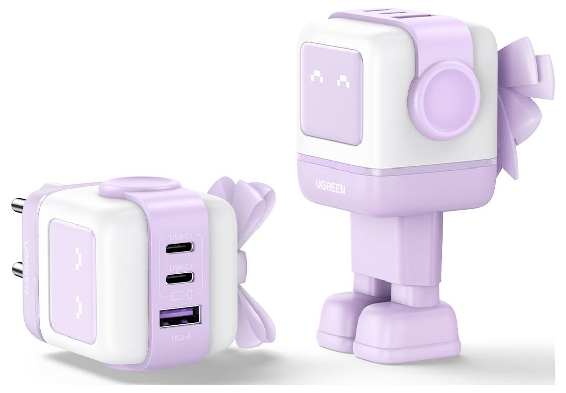 Ein niedlicher, roboterthematischer, zweifach-USB-Ladegerät in Pastelllila und Weiß, mit einer Schleife und Pixelkunst-Gesicht, mit einziehbarem Stecker.