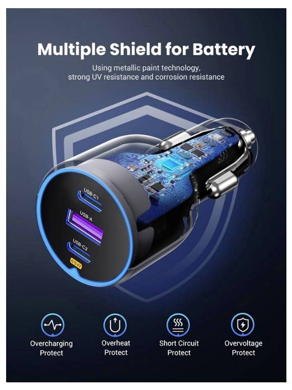 Anzeige für eine Batteriekomponente mit „Mehrfachschutz für Batterie" mit metallischer Lackierungstechnologie und UV-, Korrosions-, Überladungs-, Überhitzungs-, Kurzschluss- und Überspannungsschutz.