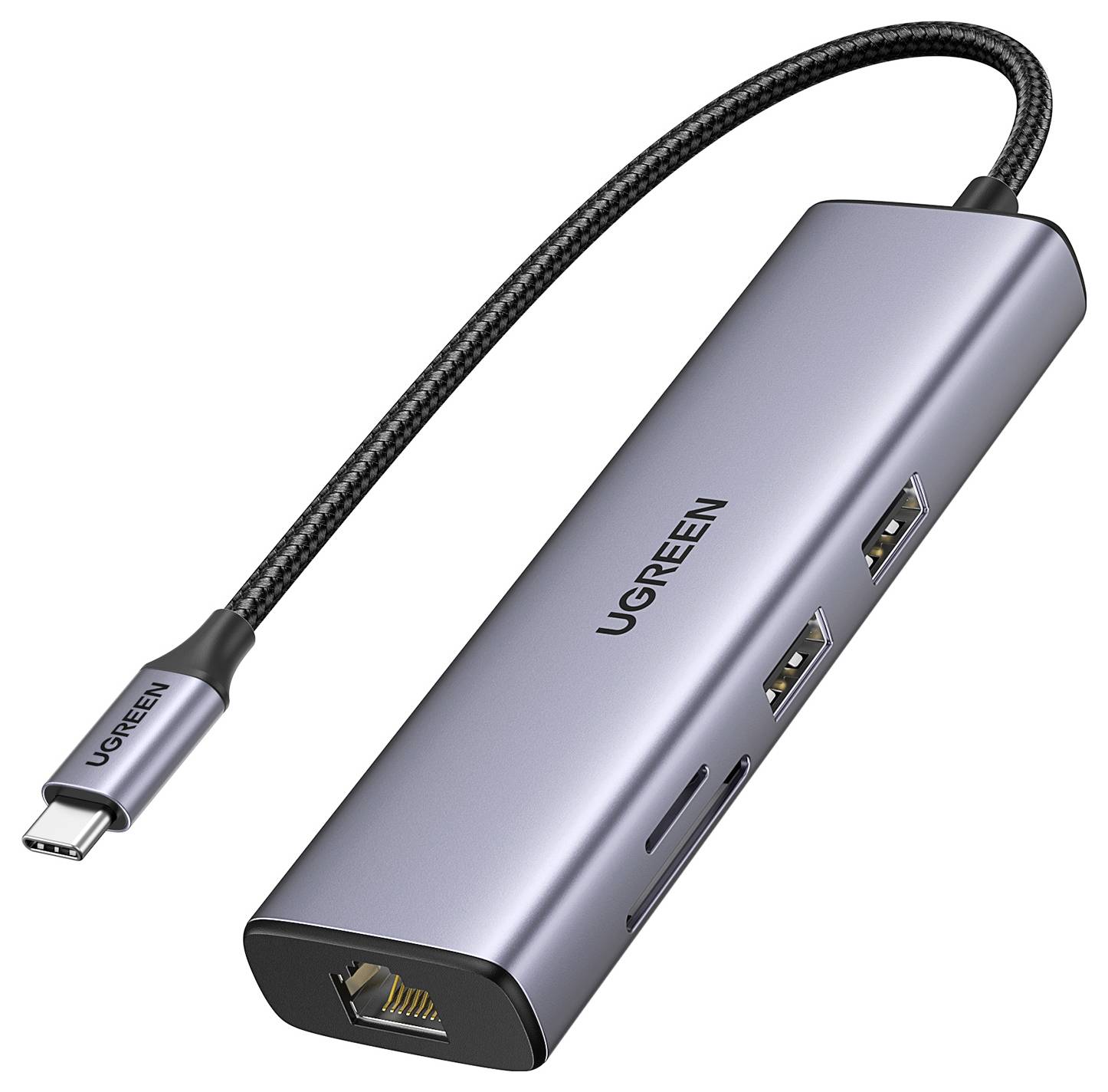 Ein silberner UGREEN USB-C-Hub mit zwei USB-Anschlüssen, einem Ethernet-Port und zusätzlichen Steckplätzen, dargestellt mit angeschlossenem Kabel. Ideal zur Erweiterung der Konnektivität.