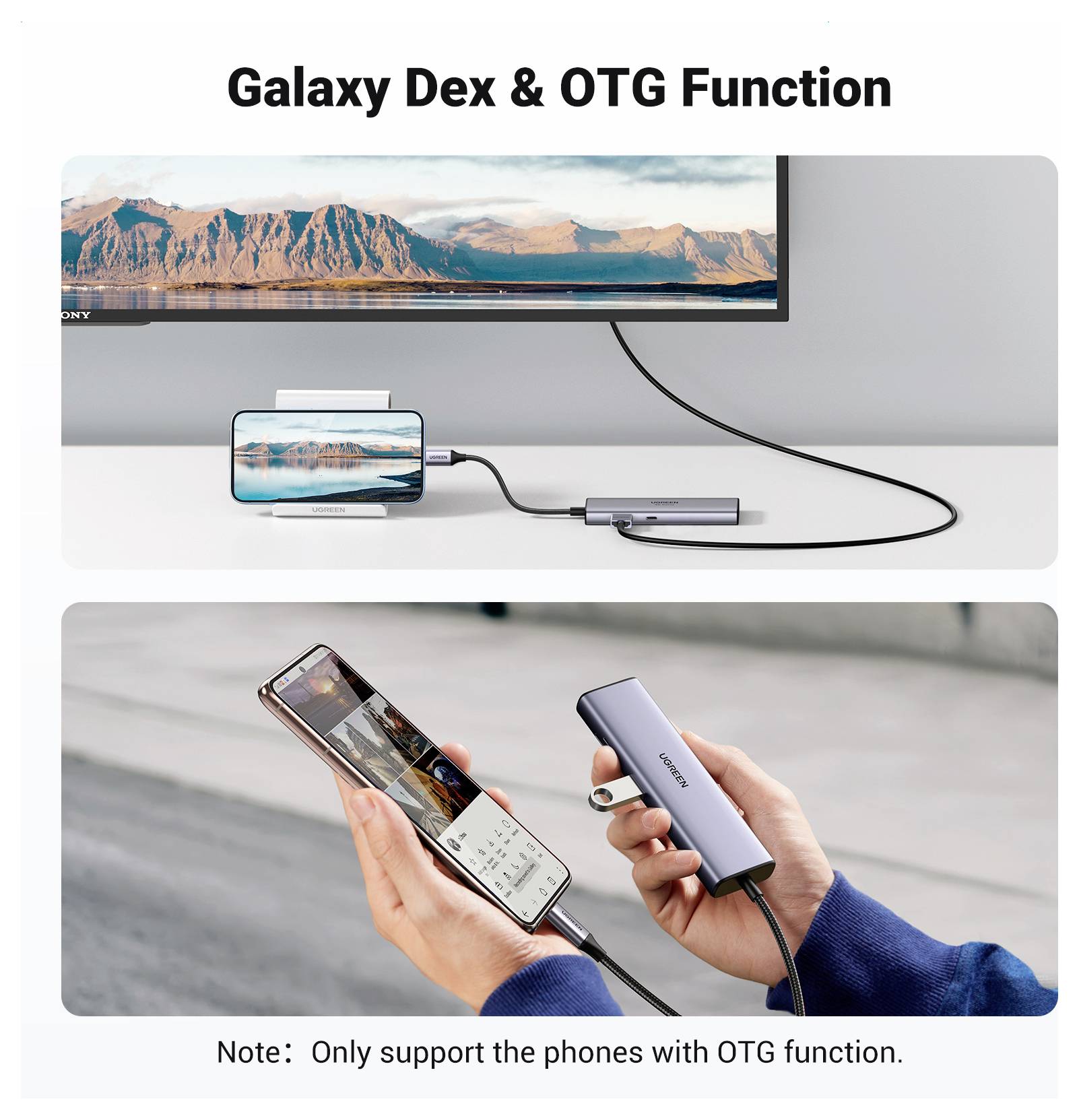 'Galaxy Dex & OTG-Funktion' Bild; oben: Smartphone über Adapter mit Monitor verbunden zeigt gespiegelte Anzeige; unten: Person, die Smartphone mit angeschlossenem Adapter nutzt; Hinweis: 'Unterstützt nur Telefone mit OTG-Funktion.'