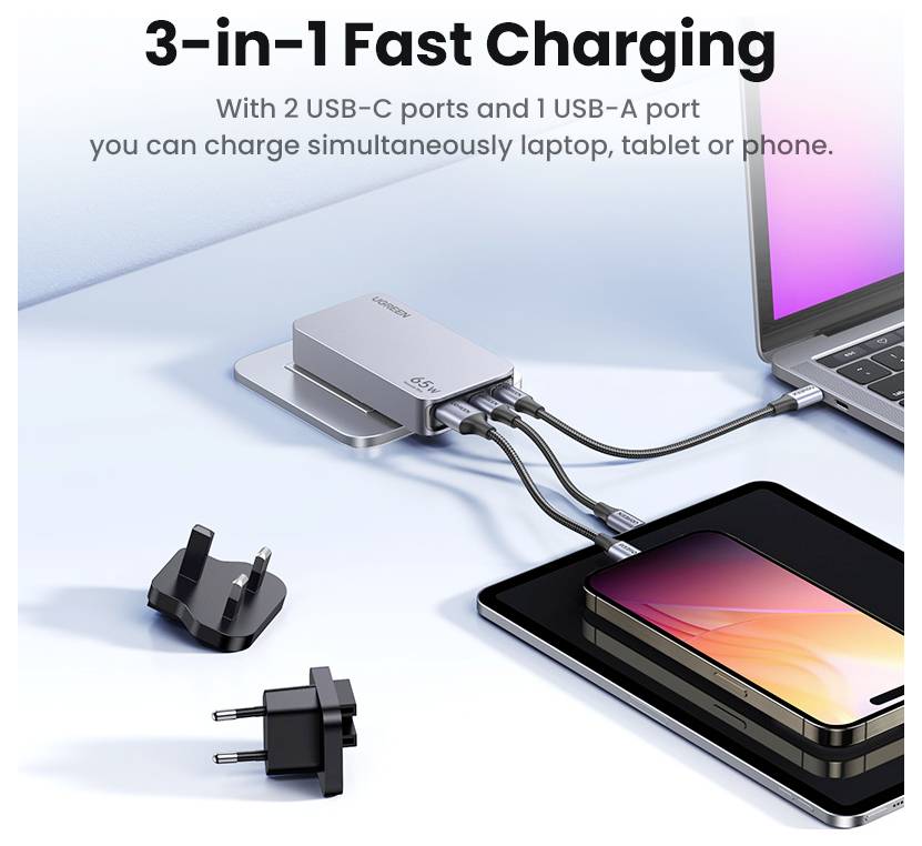 UGREEN Nexode Pro Ladeadapter 65W USB-C® Buchse, USB-C® Buchse, USB-A Buchse Grau Innenbereich