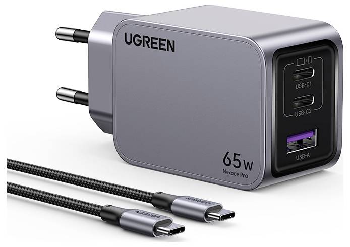 UGREEN Nexode Pro Ladeadapter 65W USB-C® Buchse, USB-C® Buchse, USB-A Buchse Grau Innenbereich