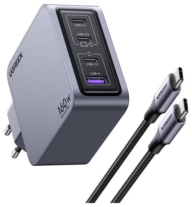 UGREEN Nexode Pro Ladeadapter 160W USB-C® Buchse, USB-C® Buchse, USB-C® Buchse, USB-A Buchse USB PD Schwarz, Grau Innenbereich
