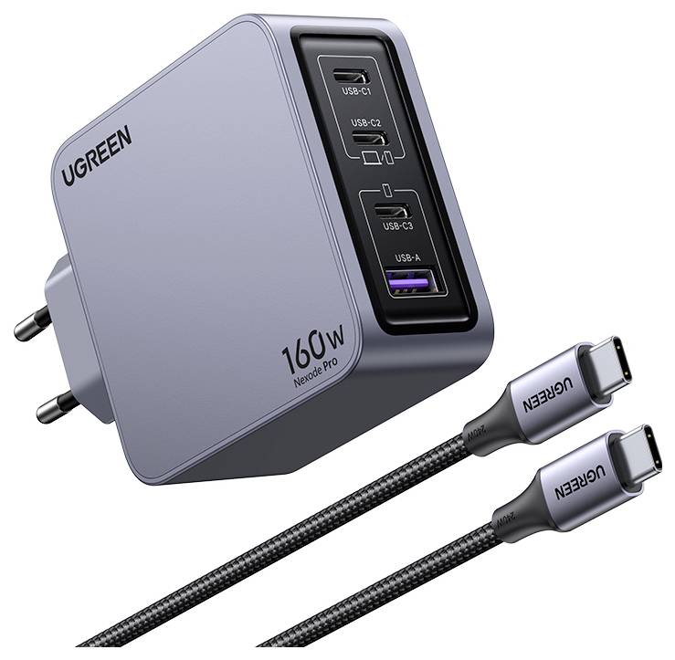 UGREEN Nexode Pro Ladeadapter 160W USB-C® Buchse, USB-C® Buchse, USB-C® Buchse, USB-A Buchse USB PD Schwarz, Grau Innenbereich