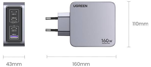 UGREEN Nexode Pro Ladeadapter 160W USB-C® Buchse, USB-C® Buchse, USB-C® Buchse, USB-A Buchse USB PD Schwarz, Grau Innenbereich