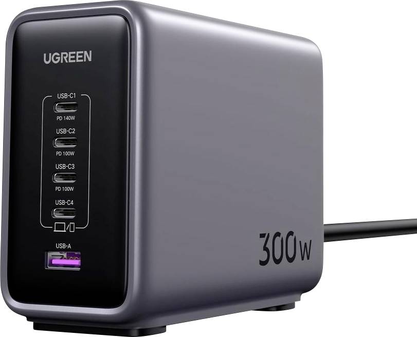 Ein rechteckiges UGREEN Ladegerät mit 300W Kapazität, ausgestattet mit vier USB-C-Anschlüssen und einem USB-A-Anschluss, geeignet für das Aufladen mehrerer Geräte.