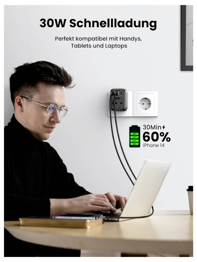 UGREEN Nexode Ladeadapter 2990W USB-A Buchse, USB-A Buchse, USB-C® Buchse, Schutzkontakt-Steckdose Schwarz Innenbereich