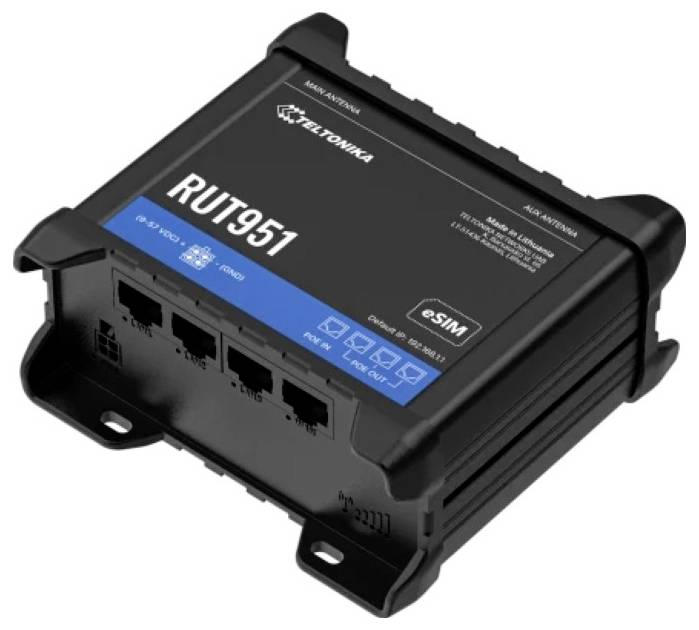 „Abbildung eines schwarzen Teltonika RUT951 Routers mit mehreren Anschlüssen, was auf die Verwendung für Internetverbindung und Netzwerkmanagement hinweist.