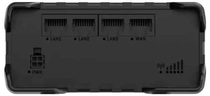 Rückansicht eines Netzwerkgeräts mit vier Ethernet-Anschlüssen, beschriftet mit 'LAN1', 'LAN2', 'LAN3', 'WAN', einem Stromeingang und einem WLAN-Signalindikator.