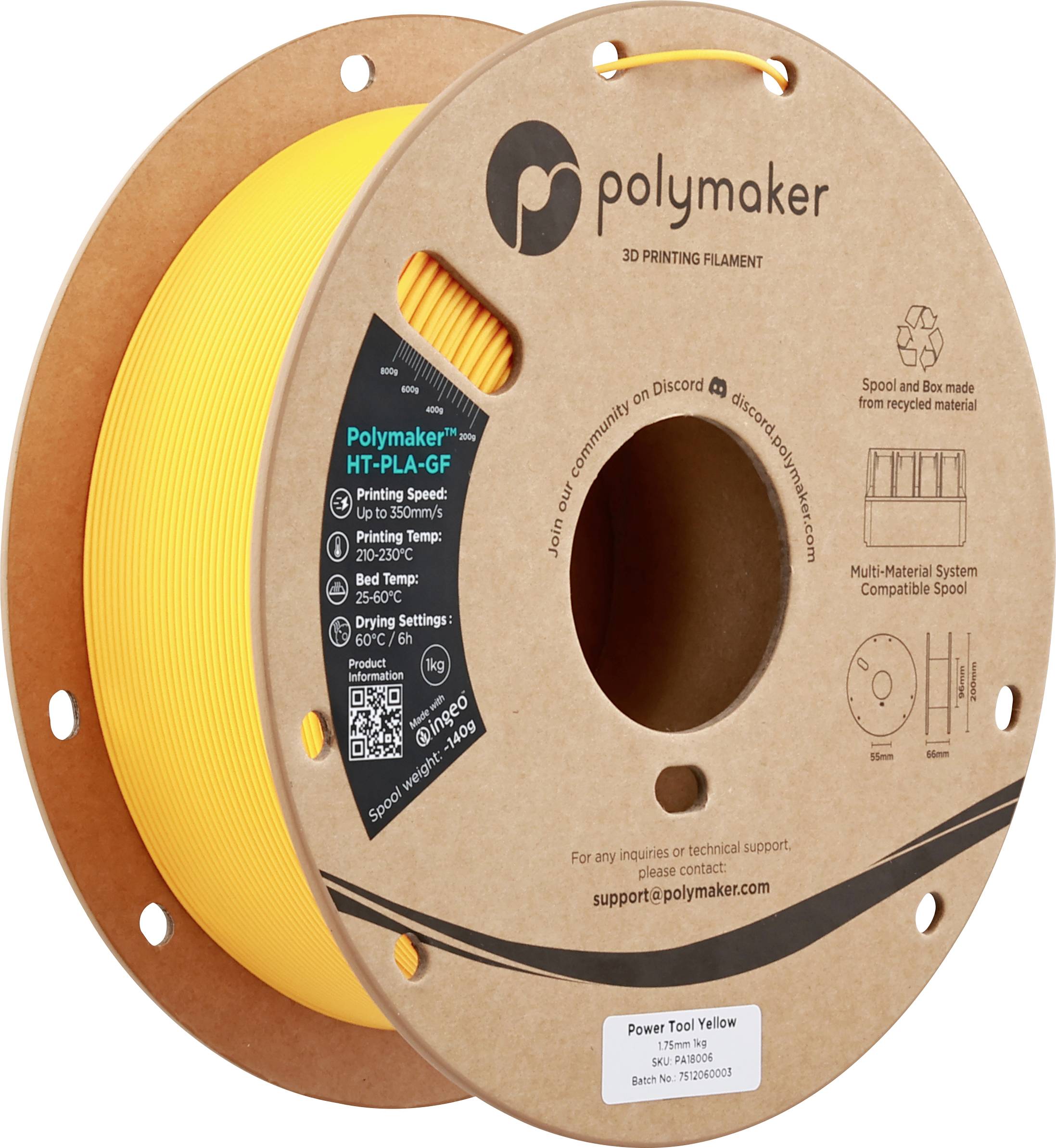 Spule Polymaker HT-PLA-GF 3D-Druckmaterial in Gelb. Sie zeigt Druckspezifikationen und Kompatibilitätsdetails auf dem Etikett.