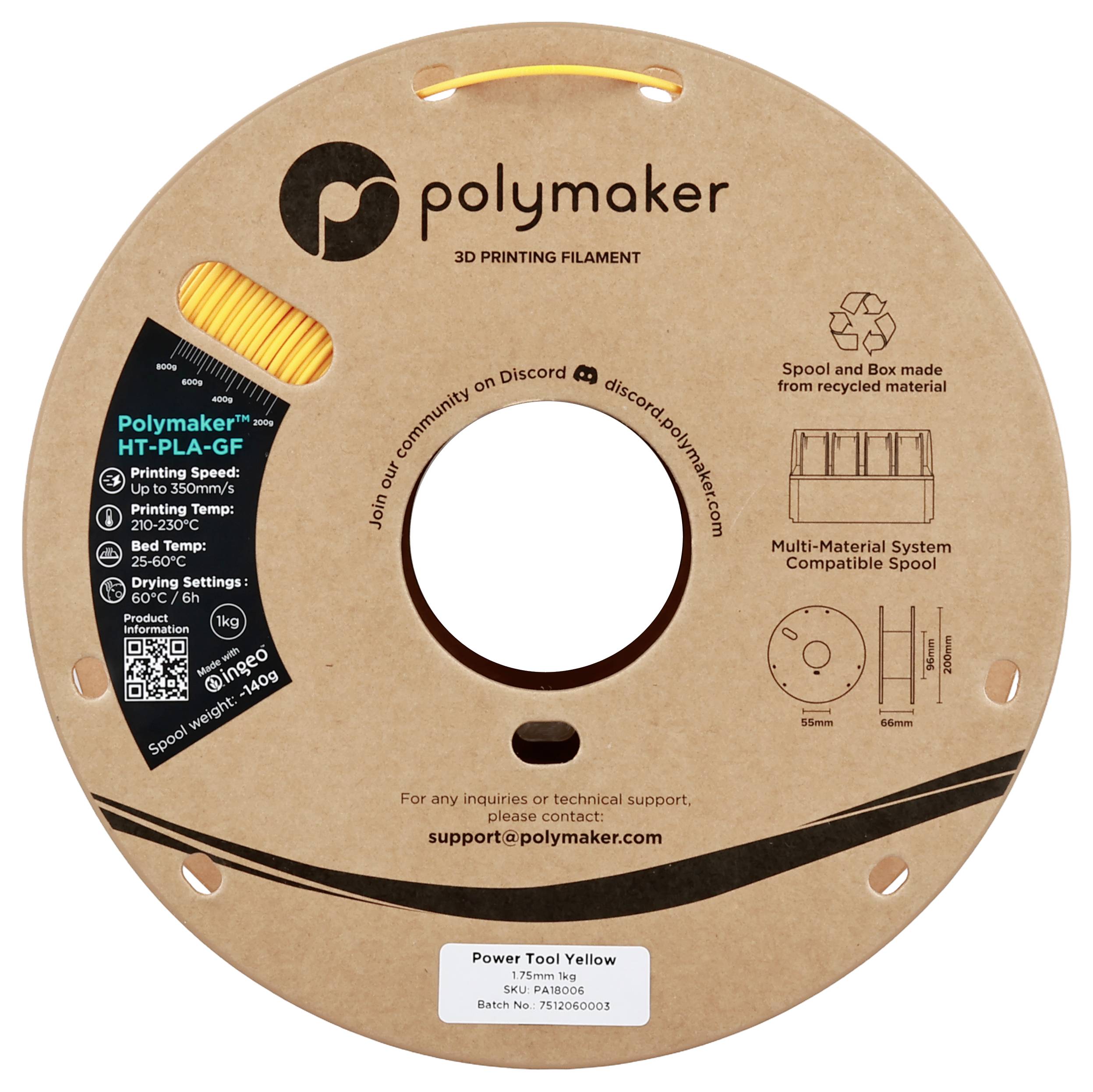Eine Kartonspule mit Polymaker-3D-Druckfilament mit der Bezeichnung „PolyLite HT-PLA-GF, Power Tool Yellow, 1,75 mm", die Produktdetails zeigt.