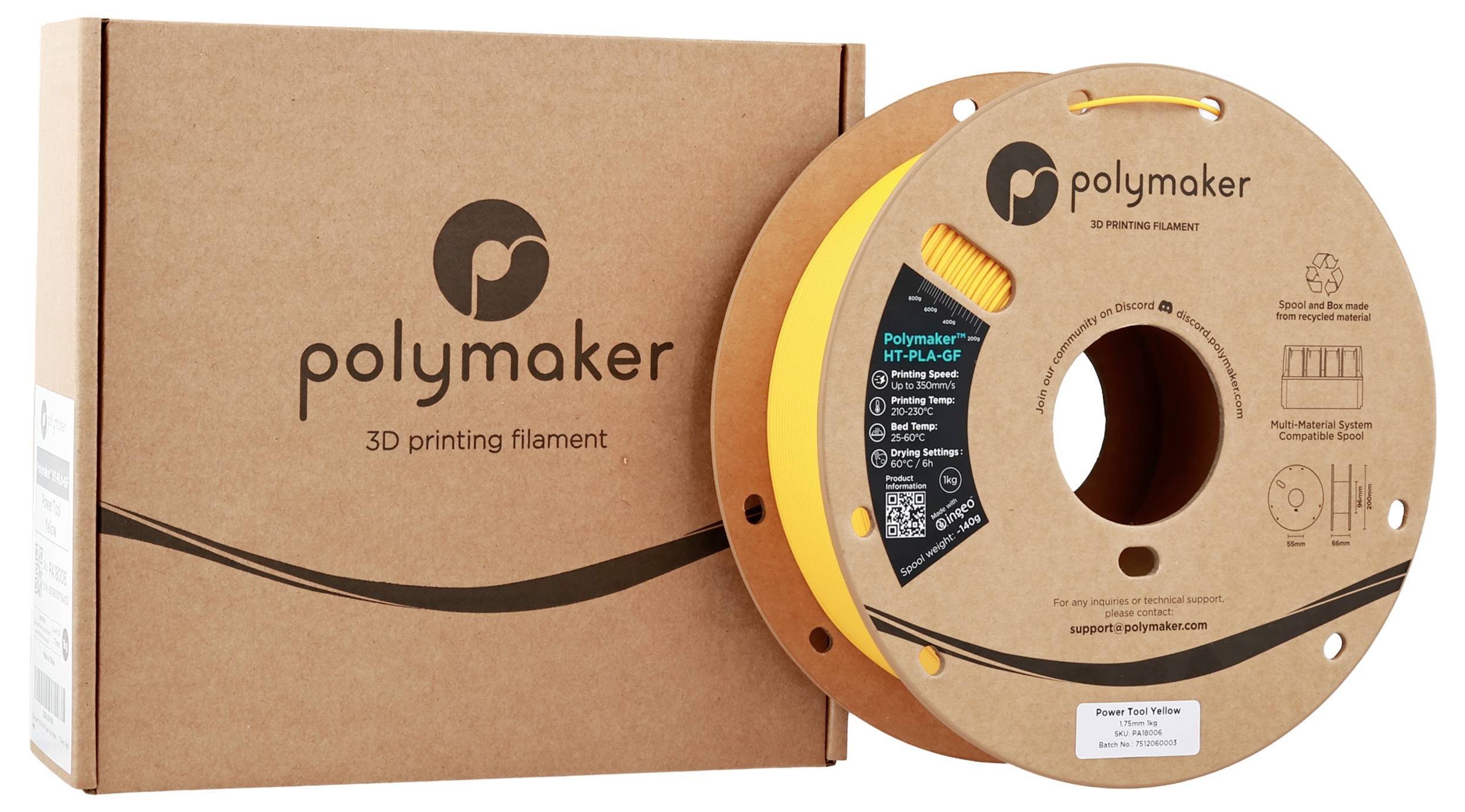 3D-Druckfilament von Polymaker, in brauner Verpackung und leuchtend gelber Spule, beschriftet mit „PolyMaker 3D Printing Filament".