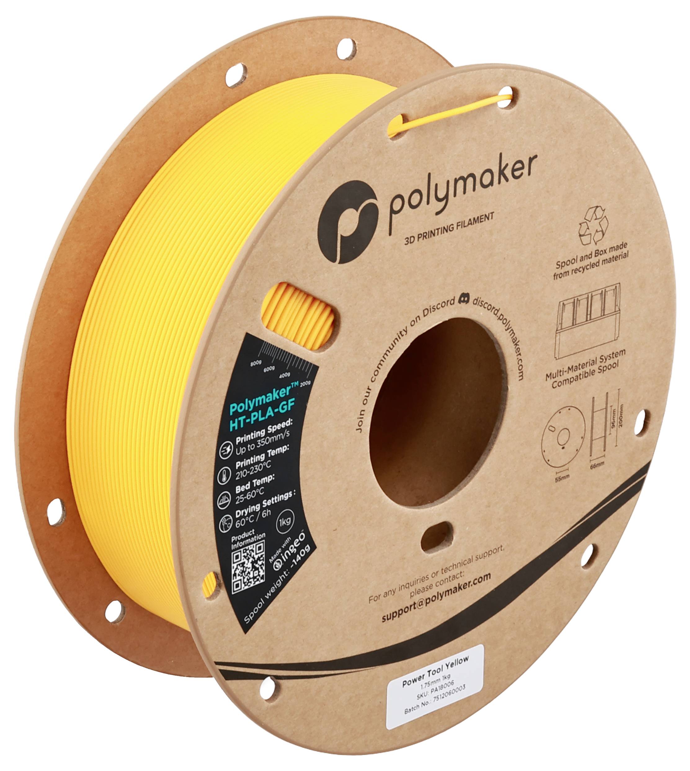 Eine Spule gelbes Polymaker-3D-Druckfilament mit der Bezeichnung „Power Tool Yellow" mit QR-Code und Kompatibilitätsinformationen für Materialien.