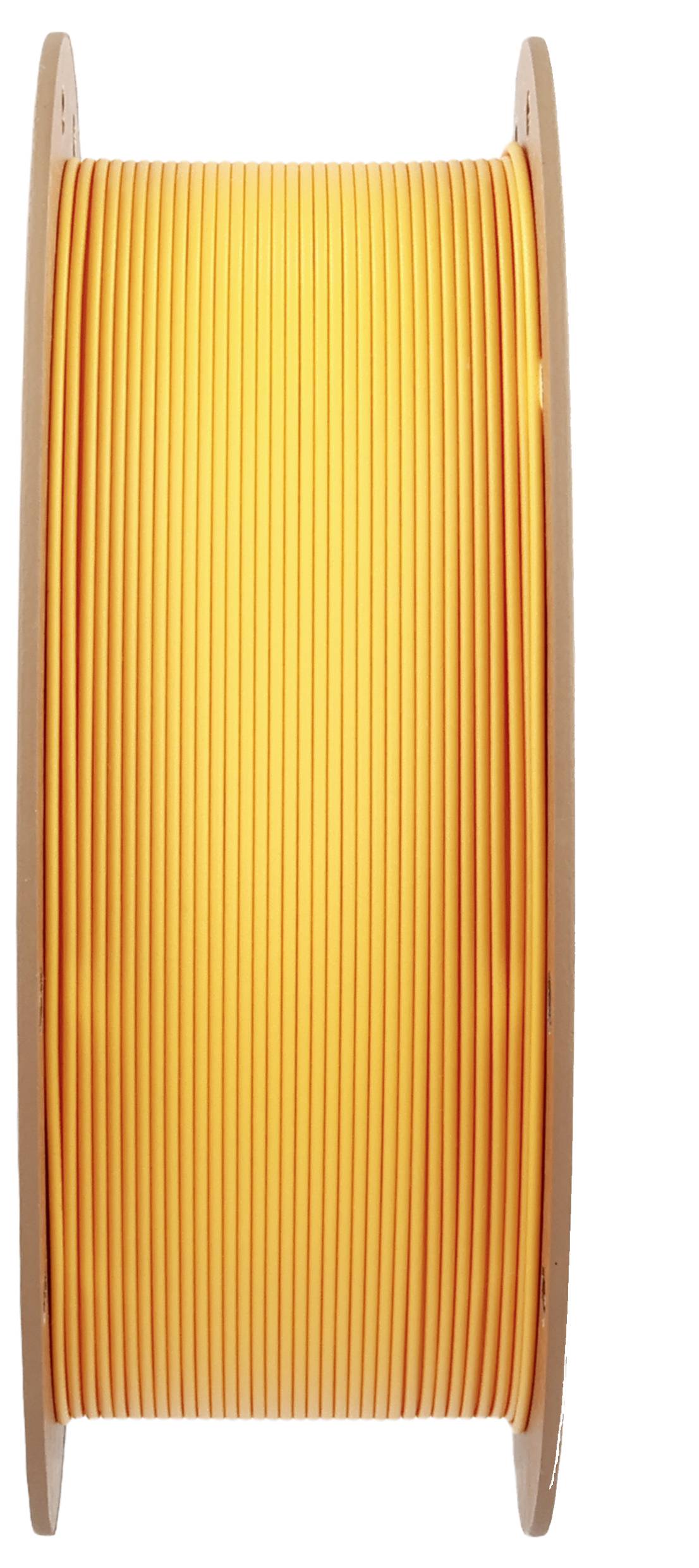 Eine Spule aus leuchtend orangefarbenem Filament zum 3D-Druck, das auf einer vertikalen Rolle montiert ist.