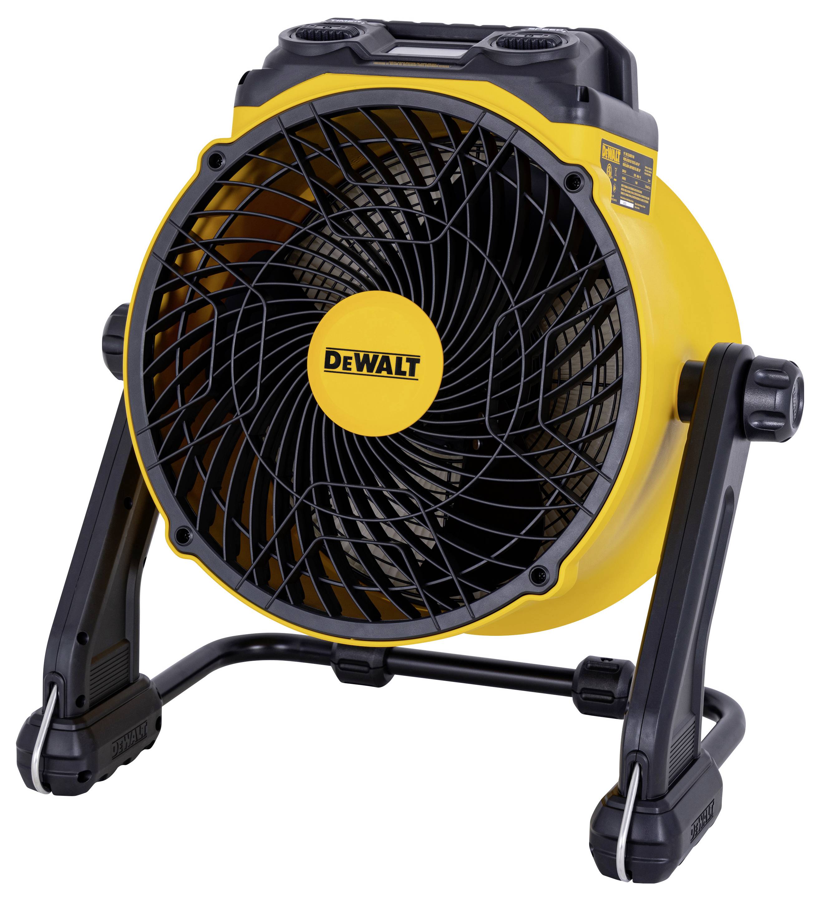 Ein gelb-schwarzer tragbarer Ventilator der Marke „DeWalt