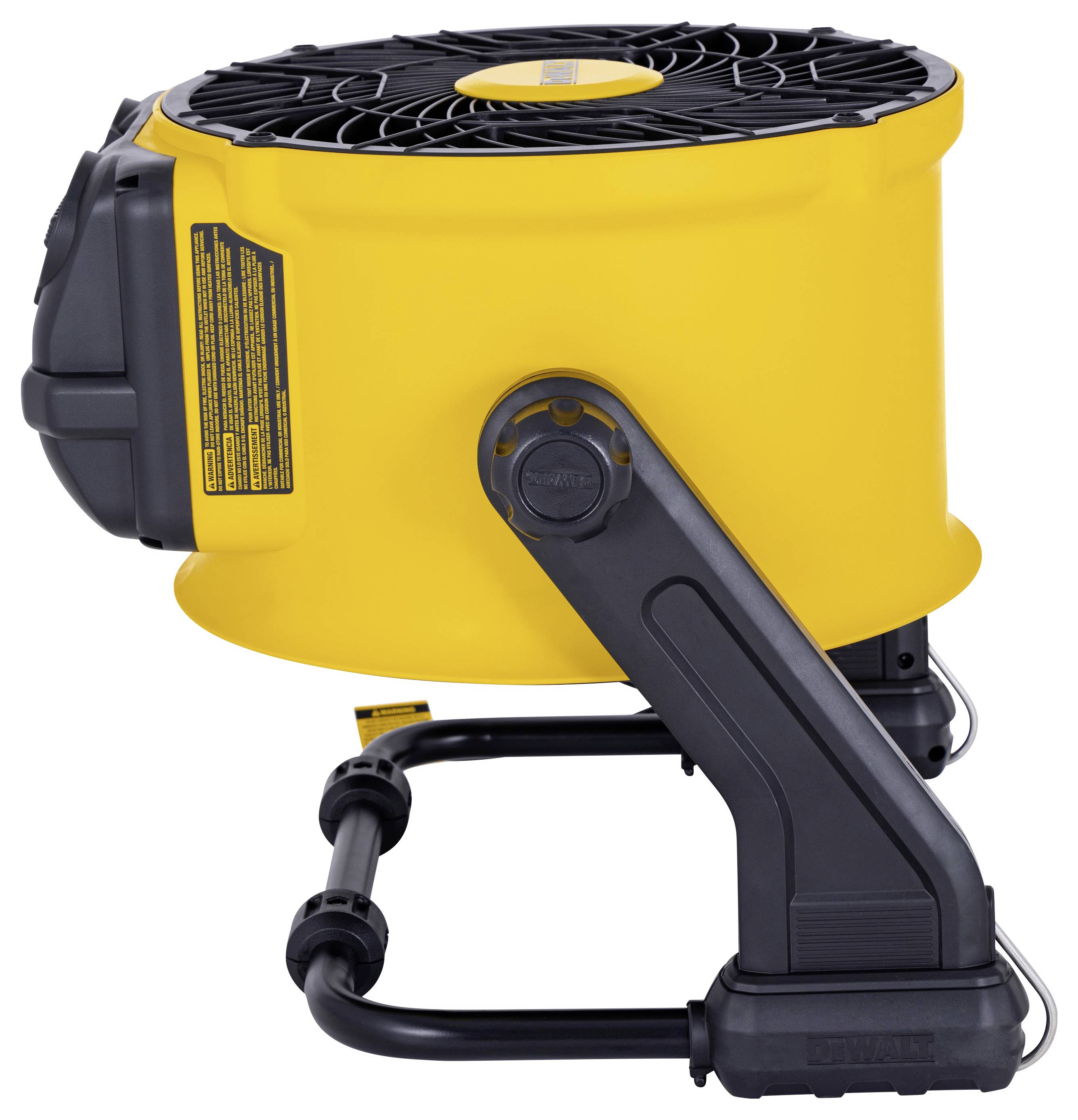 Tragbarer gelber Ventilator mit schwarzem Gitter, Seitenansicht. Verfügt über verstellbare Neigung und einen stabilen schwarzen Rahmen für Stabilität.