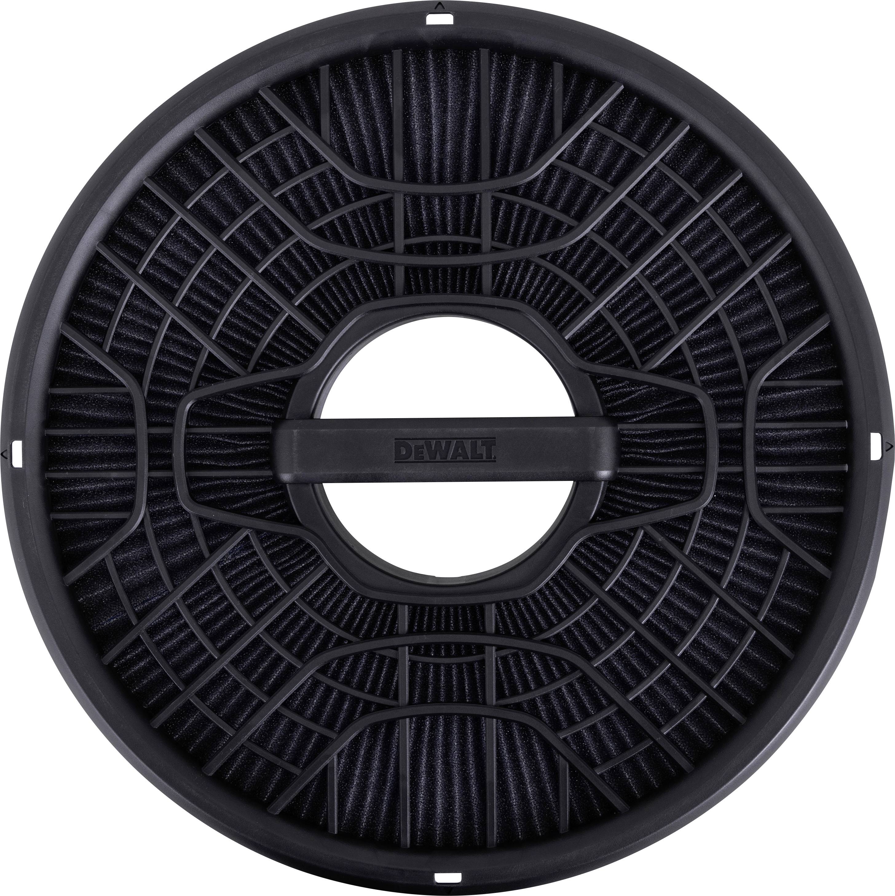 Schwarzer kreisförmiger DEWALT-Ersatzfilter mit zentraler Öffnung und radialem Netzgewebe.