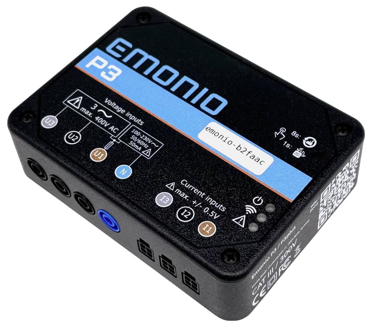 'EMONIO P3' Digitalgerät mit Spannungs- und Stromeingangsanschlüssen, schwarzes Gehäuse, blaues und orangefarbenes Etikett mit Spezifikationen und Verbindungsinformationen.
