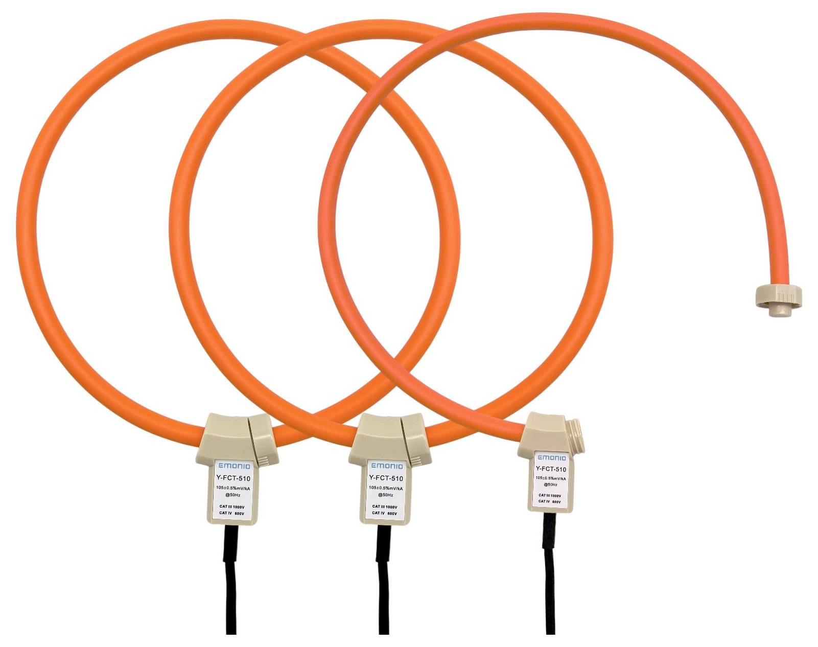 Drei orange flexible Spulensensoren, jeweils mit einem beschrifteten beigen Anschluss, zur Messung elektrischer Ströme.