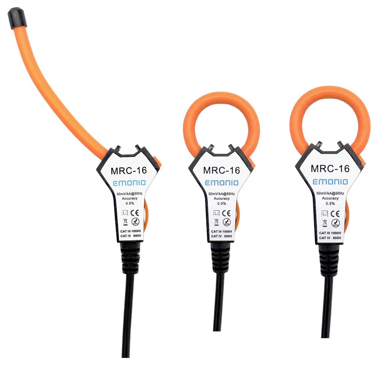Drei MRC-16 flexible Stromwandler mit orangen Schlaufen, gekennzeichnet mit ‚EMONIO', die zur Messung elektrischer Ströme verwendet werden.