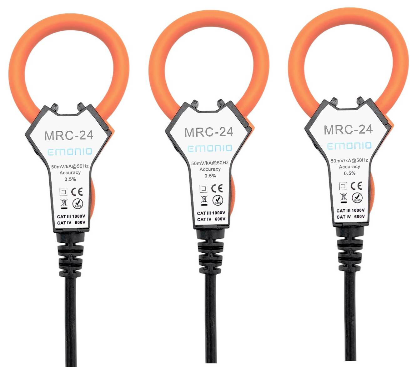 Drei orangefarbene flexible Stromwandler mit der Bezeichnung 