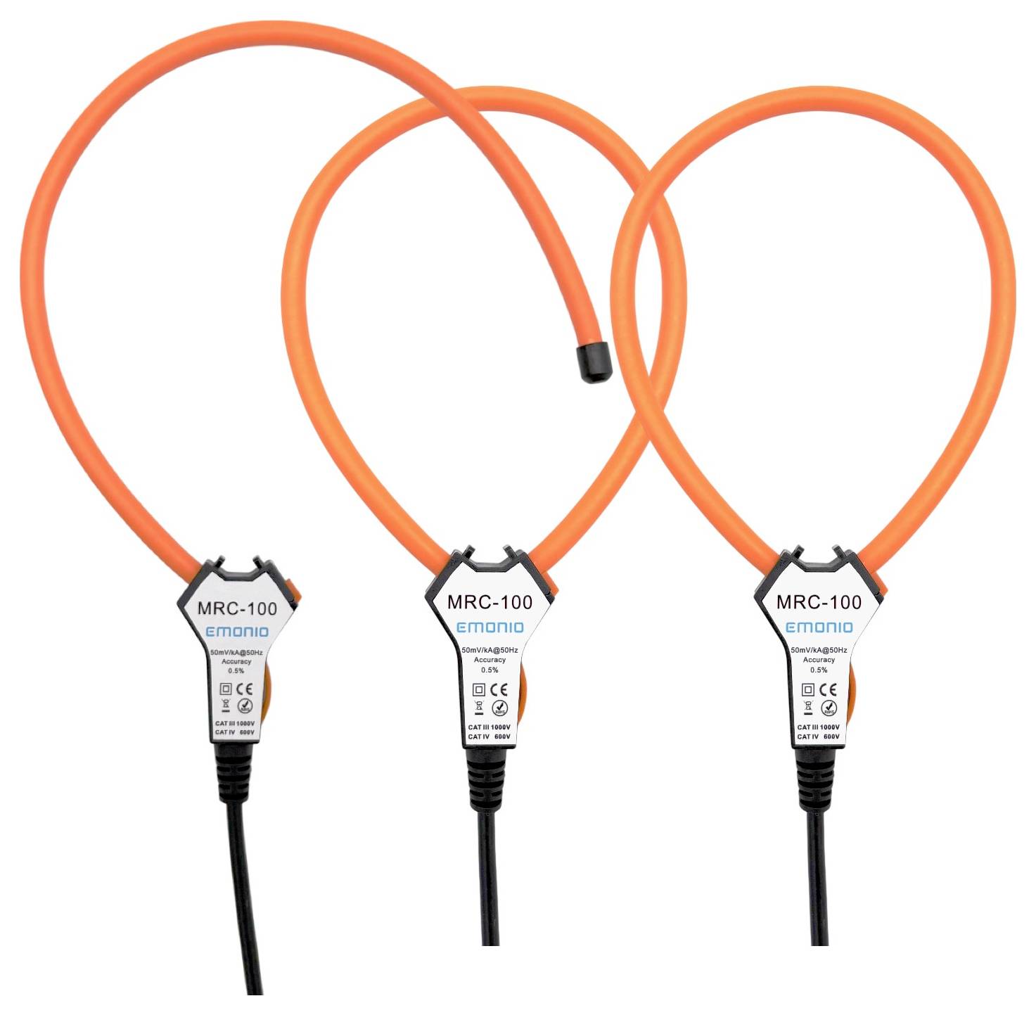 Drei MRC-100 orangefarbene Stromzangenmesstransformatoren mit schwarzen Kabeln, verwendet zur Messung elektrischer Ströme, in vertikaler Ausrichtung gezeigt.