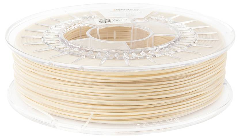 Eine Spule hellbeigen 3D-Druckerfilaments, ordentlich auf einer durchsichtigen Plastikrolle gewickelt.