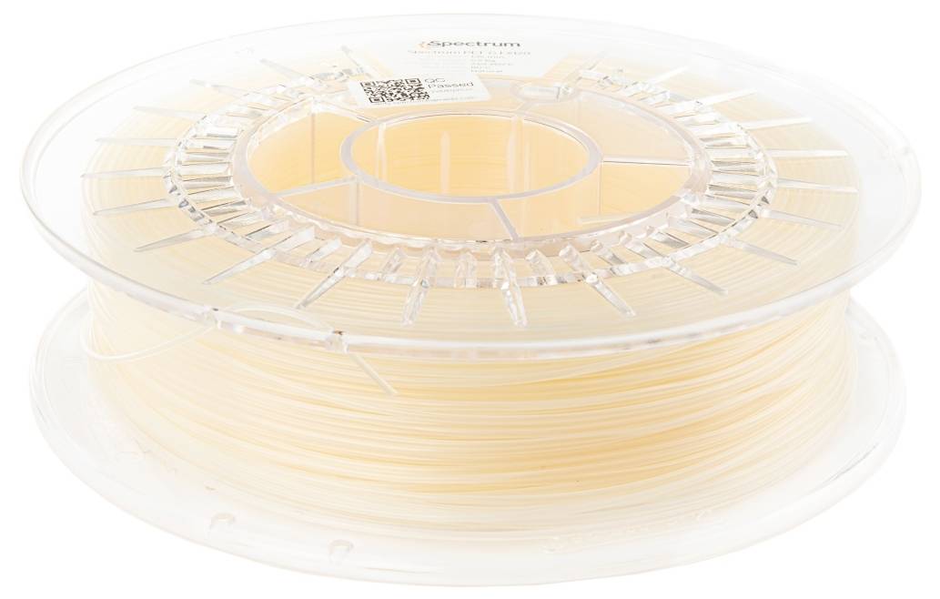 Eine Spule aus transluzenter 3D-Druckfilament, sauber aufgewickelt und in einem durchsichtigen Kunststoffbehälter aufbewahrt.