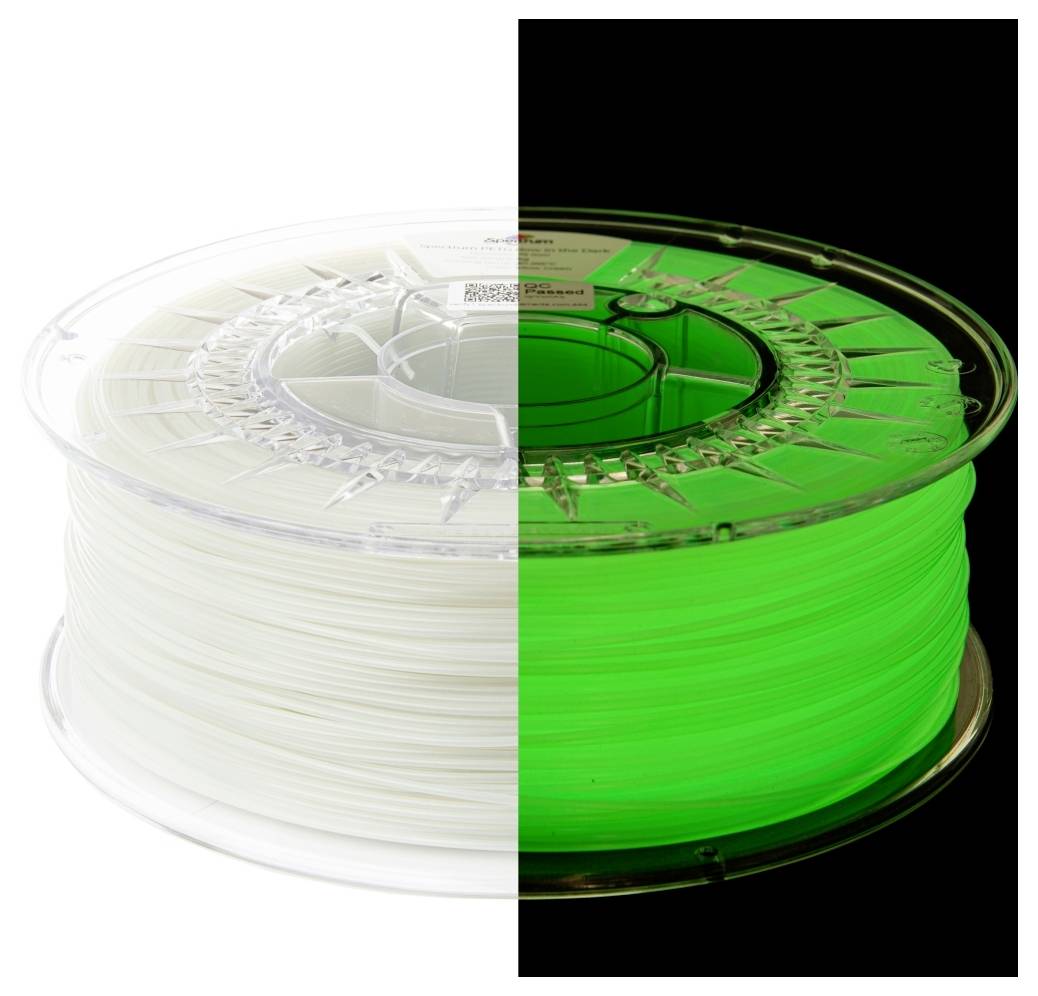 Eine Filamentspule, zur Hälfte weiß und zur Hälfte leuchtend grün, die den Farbwechsel unter verschiedenen Beleuchtungsbedingungen veranschaulicht.