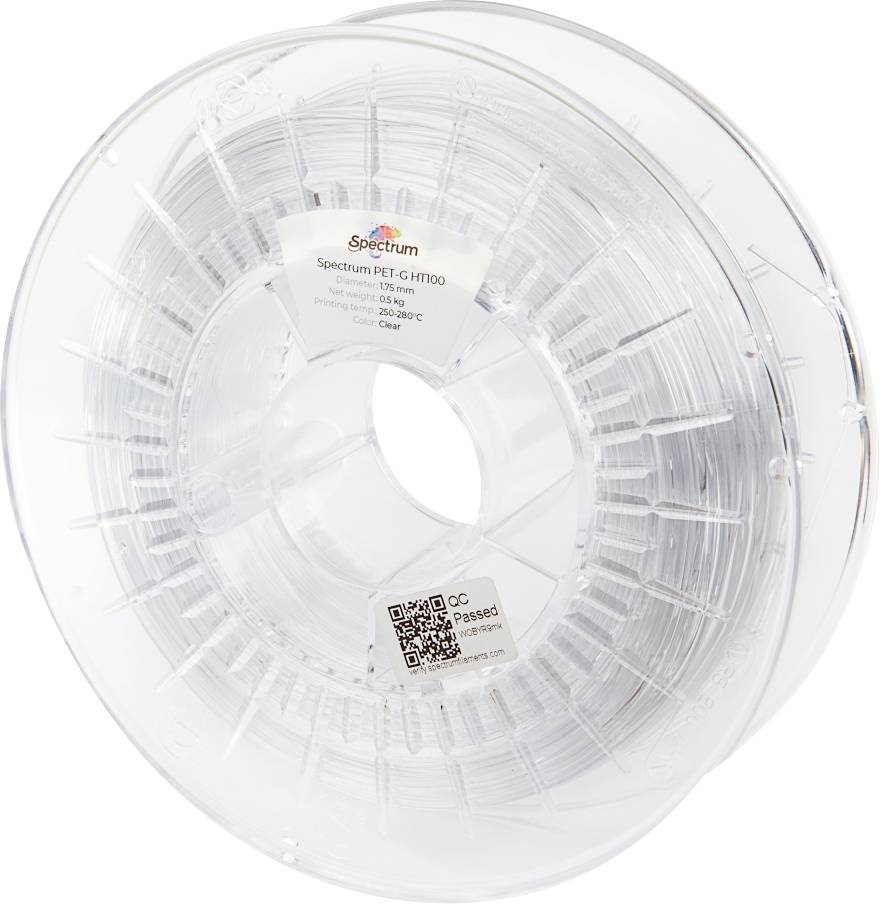 Eine transparente Spule mit 3D-Druckerfilament, beschriftet mit 'Spectrum PET-G HT100', mit Spezifikationen einschließlich Durchmesser: 1,75 mm und Gewicht: 1 kg.
