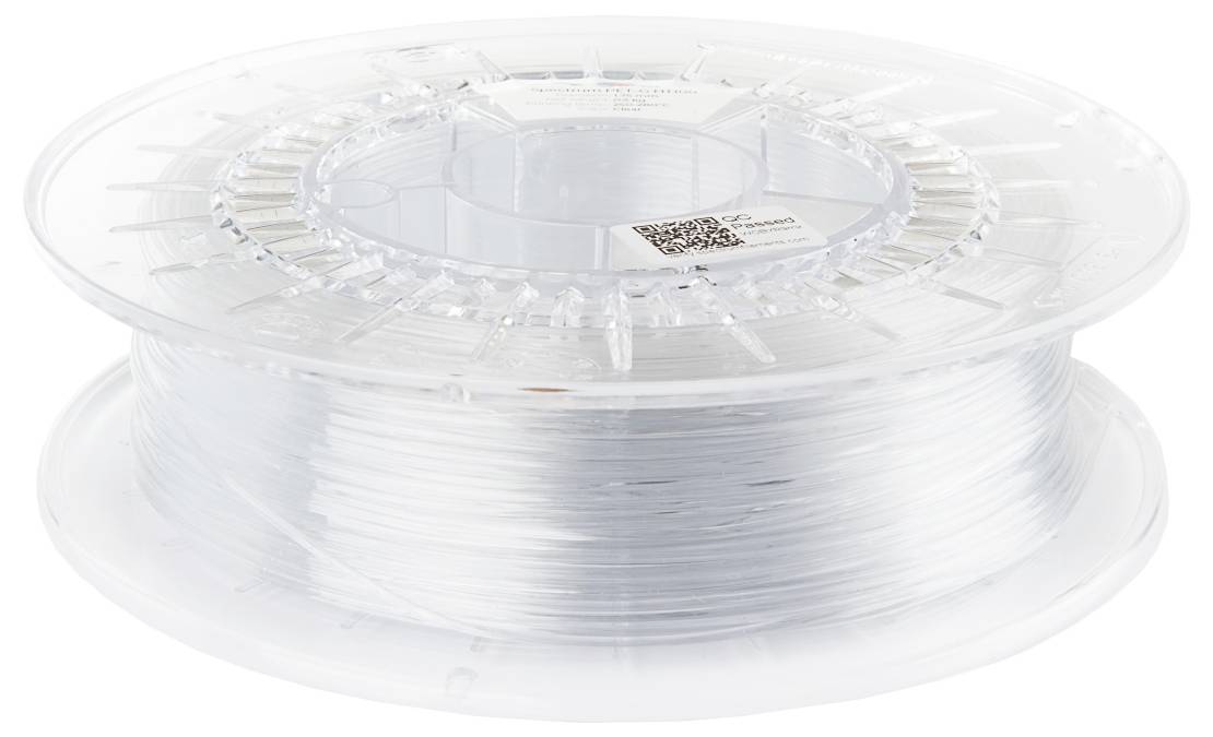 Eine klare Kunststoffspule mit 3D-Druckerfilament, ordentlich aufgewickelt, bereit für Anwendungen im 3D-Druck.