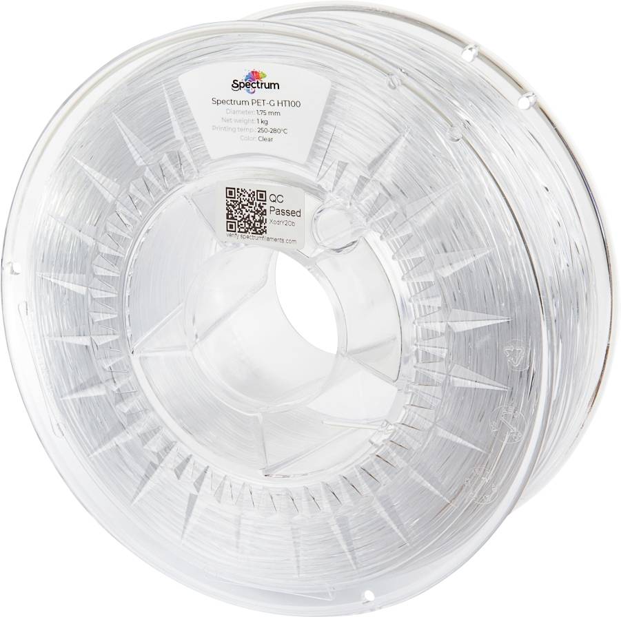 Eine transparente Spule Spectrum PET-G HT1000 3D-Druckerfilament, 1 kg; Etikett zeigt Temperaturbereich 230-260°C.