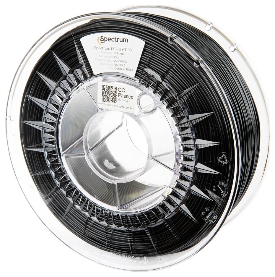 Eine Spule schwarzes 3D-Druckfilament mit der Bezeichnung 'Spectrum PET-G HT100', mit Spezifikationen: Durchmesser 1,75 mm, Drucktemperatur 200-240°C.