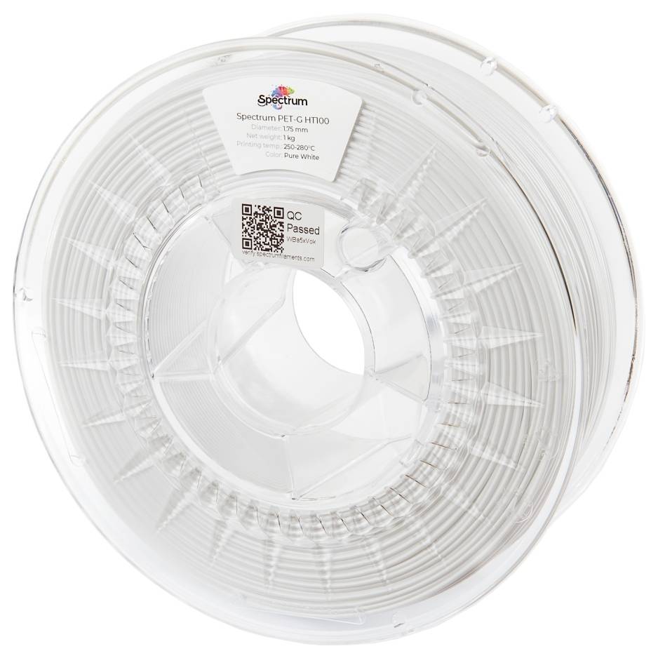 Transparente Kunststoffspule mit Spectrum PET-GT1000 3D-Druckfilament, Durchmesser 1,75 mm, als ‚Pure White' gekennzeichnet, Temperaturbereich 220-265°C.