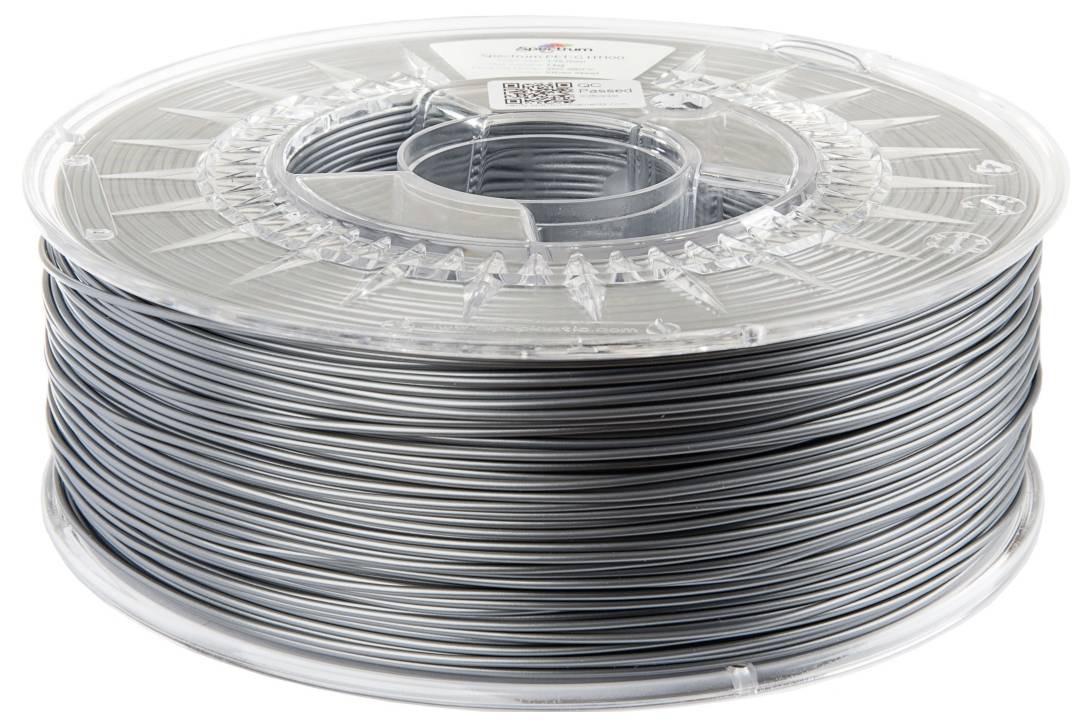 Eine durchsichtige Spule mit grauem 3D-Druckerfilament, sauber aufgewickelt und einsatzbereit. Das Etikett auf der Oberseite zeigt Produktdetails an.