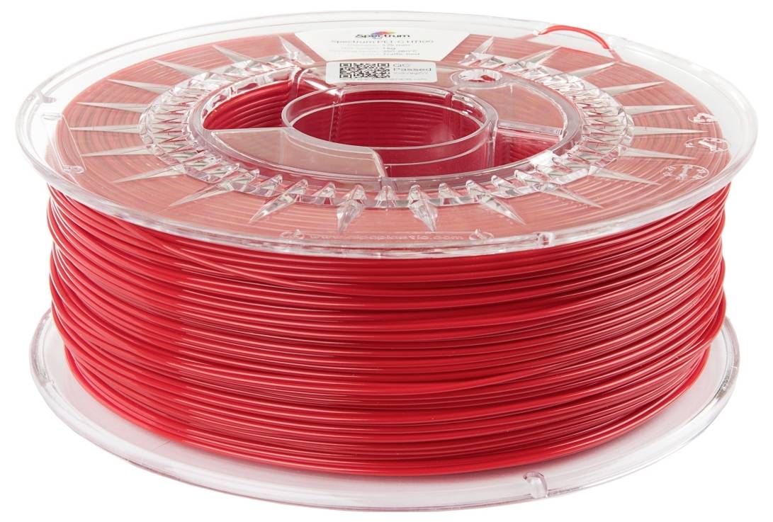 Eine Spule roten 3D-Druckerfilamentes, säuberlich aufgewickelt und in einem durchsichtigen, runden Kunststoffbehälter enthalten.