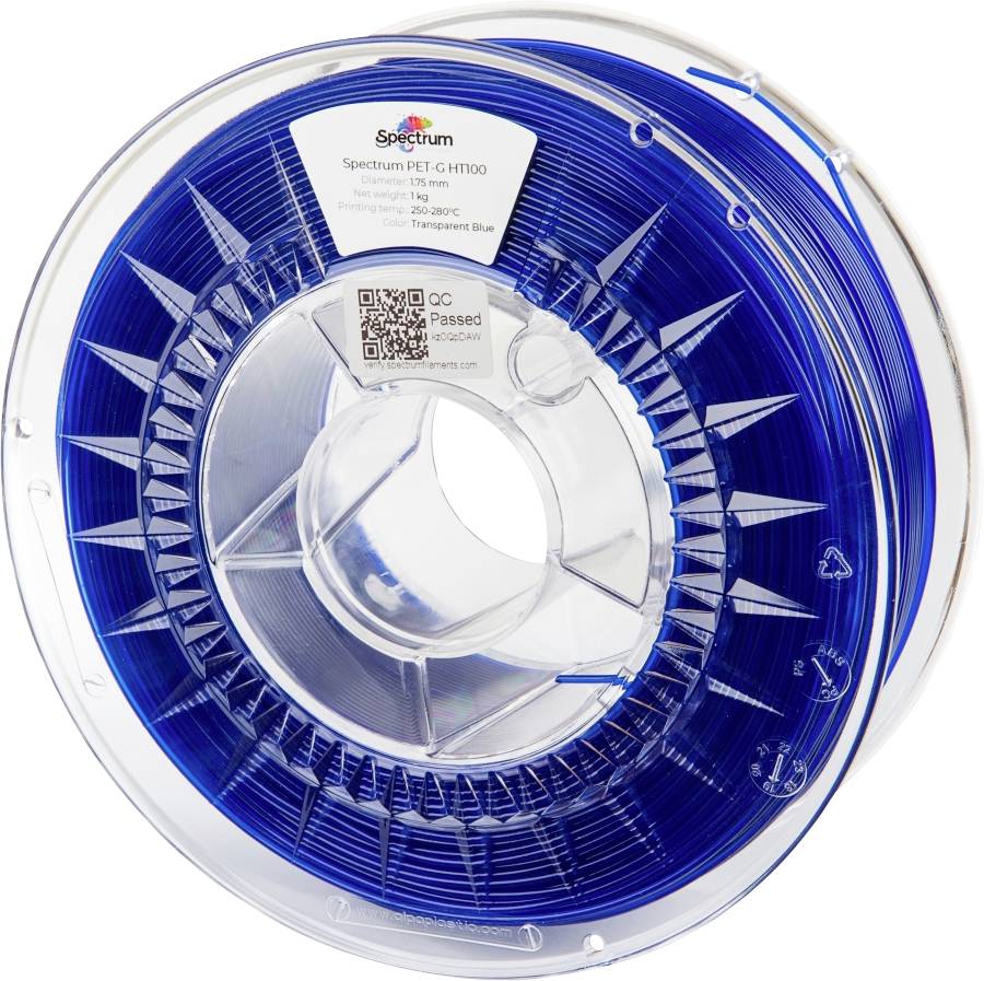 Eine Spule transparentes blaues 3D-Druckerfilament mit der Bezeichnung 'Spectrum PET-G HT100', 250g, für Drucktemperaturen von 190-230°C.