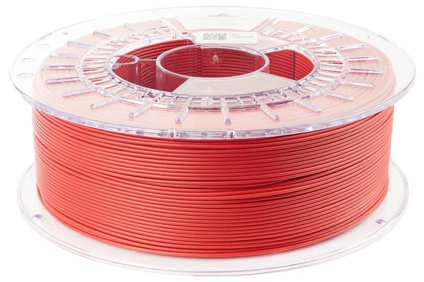 Eine Spule roten Filaments für den 3D-Druck, ordentlich auf einer transparenten Kunststoffrolle gewickelt, vor einem weißen Hintergrund.