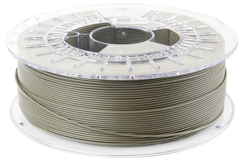 Eine transparente Filamentspule, wahrscheinlich für den 3D-Druck verwendet, mit einem hellbraunen Material gewickelt. Die Spule ist zylindrisch und durchsichtig.