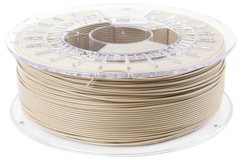 Eine Spule hellbraunen 3D-Druckerfilaments, ordentlich aufgewickelt, geeignet für die Verwendung in einem 3D-Drucker zum Erstellen verschiedener Objekte.