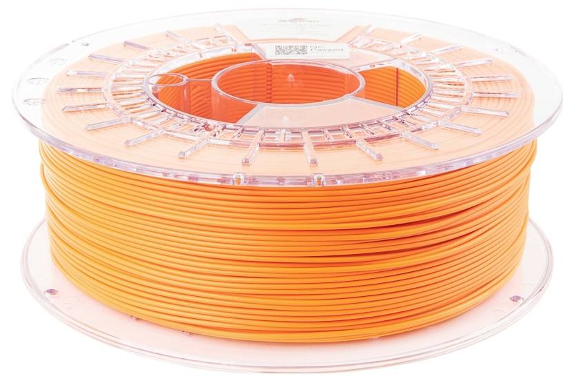 Eine Spule orangefarbenen 3D-Druckerfilaments mit einer transparenten Kunststoffrolle, geeignet für verschiedene 3D-Druckprojekte.