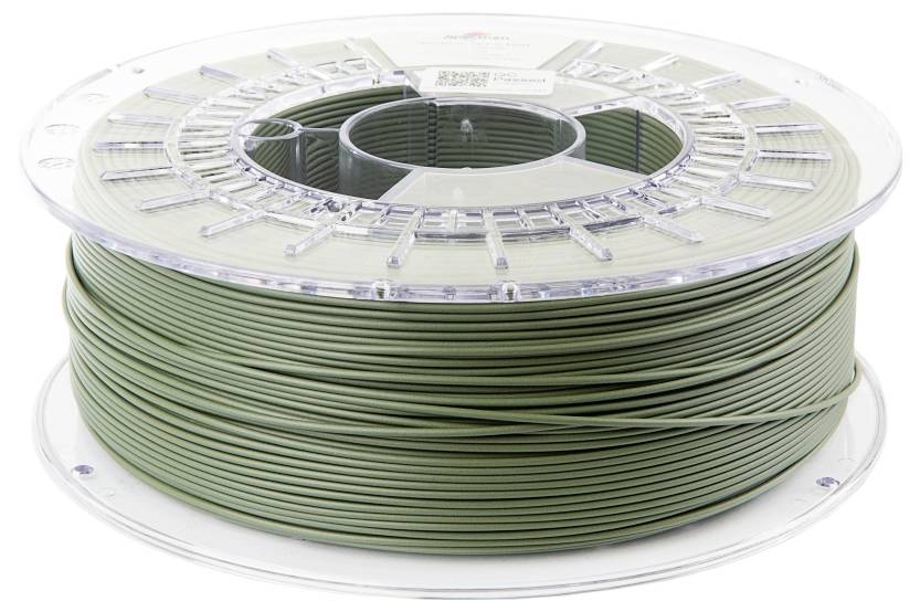 Eine Spule olivgrünes 3D-Druckfilament mit einer transparenten Kunststoffummantelung, geeignet für die Verwendung in FDM-3D-Druckern.