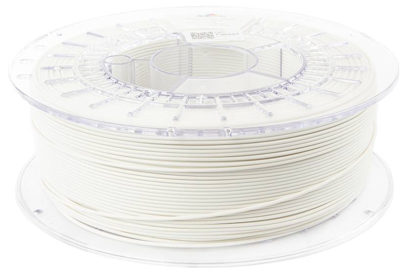 Eine Spule aus elfenbeinfarbenem 3D-Druckfilament, sauber aufgewickelt und einsatzbereit.