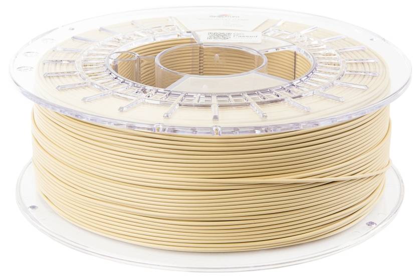 Eine Spule beigen 3D-Druckfilaments, sauber aufgewickelt, mit einer transparenten Kunststoffummantelung.