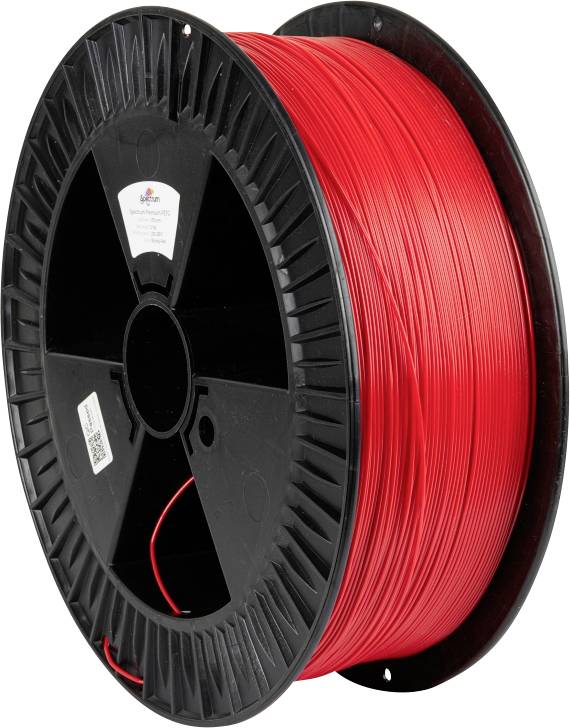 Eine Rolle rotes 3D-Druckerfilament mit einer schwarzen Spule.