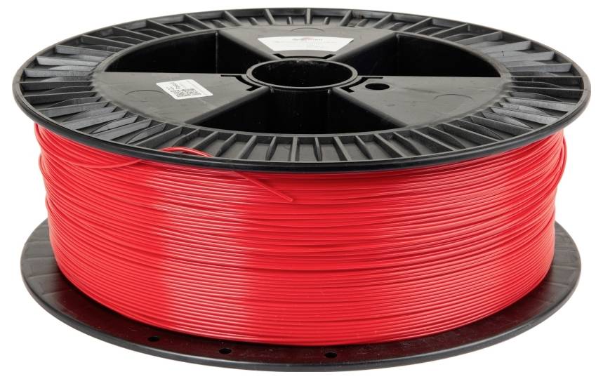 Rote 3D-Druckerfilamentspule mit einem schwarzen Kern, horizontal liegend.