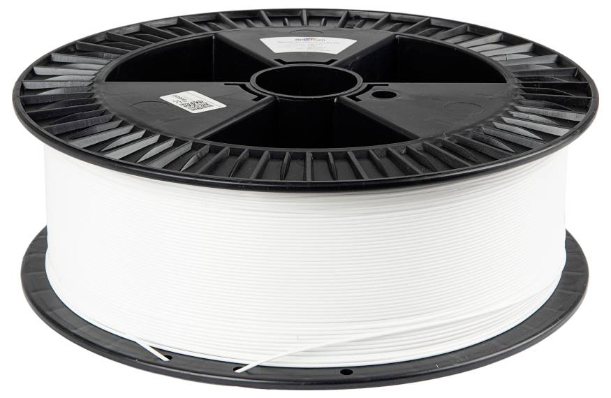 Eine schwarze Spule hält eine Rolle weißen Filaments, die wahrscheinlich für den 3D-Druck verwendet wird. Die Spule ist schlicht, ohne sichtbare Markierungen oder Etiketten.