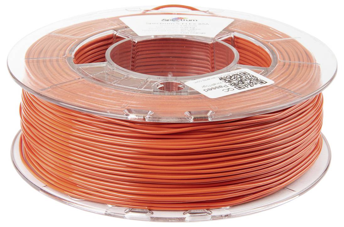 Eine Spule orangefarbenen 3D-Druckerfilaments mit einem transparenten Kunststoffgehäuse, das das Filament zeigt, welches sauber und gleichmäßig um den Kern gewickelt ist.