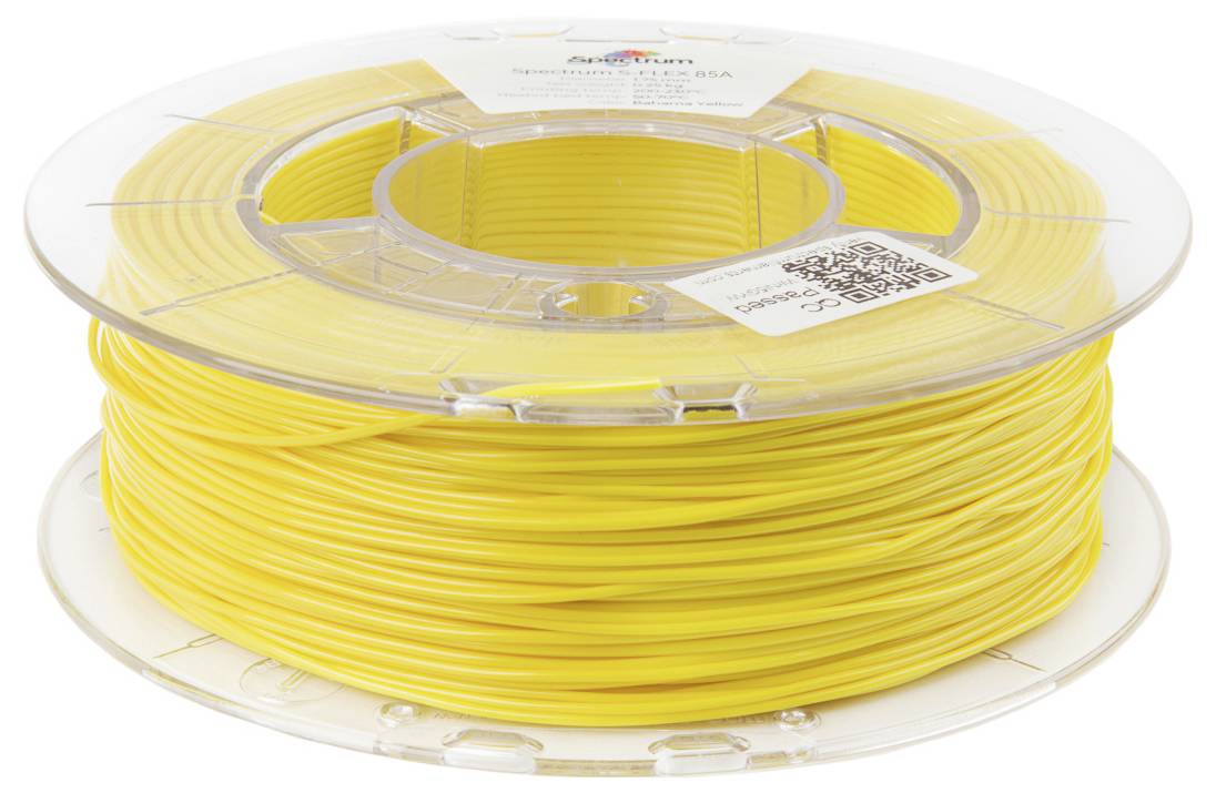 Eine Spule gelben 3D-Druckerfilaments mit einer transparenten Kunststoffummantelung, geeignet für 3D-Druckprojekte.