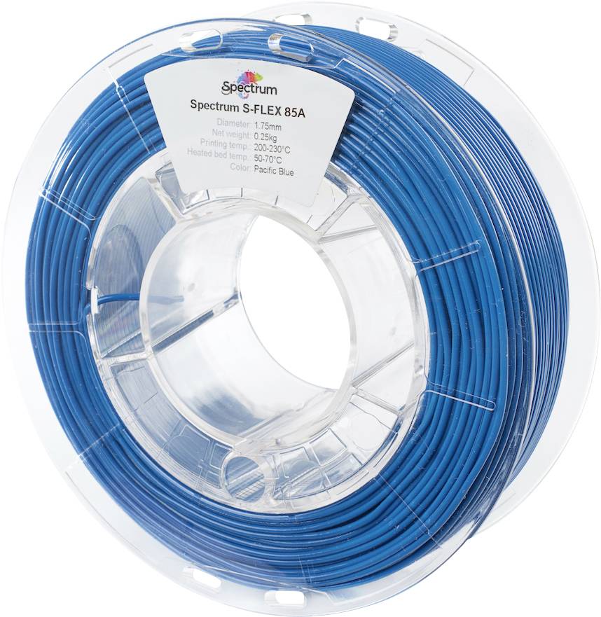 Eine Spule blaues 3D-Druckerfilament, beschriftet mit 'Spectrum S-FLEX 85A', mit Spezifikationen wie Durchmesser, Nettogewicht und Temperaturbereich.